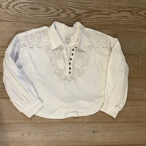 Maeve Cream Button-Up Peasant Blouse with lace detail.